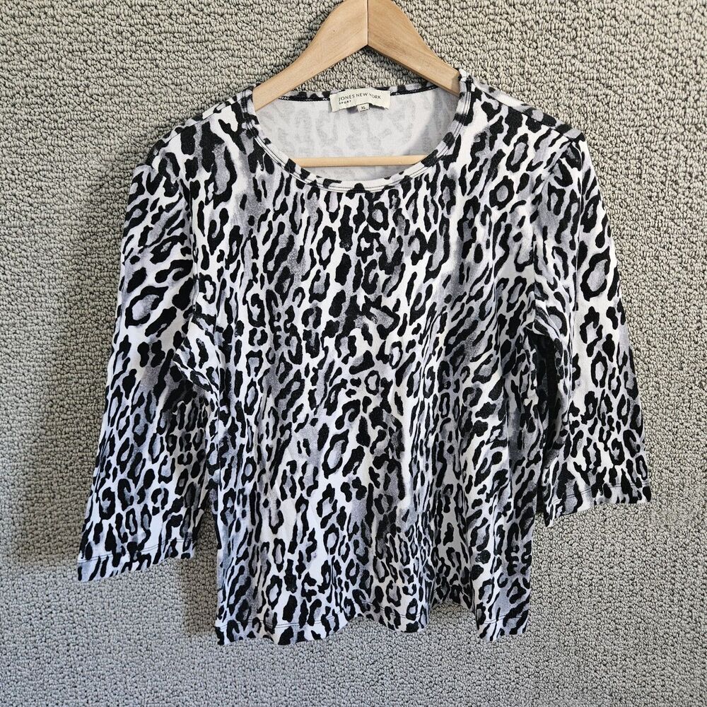 JONES NEW YORK SPORT Women’s Black White Leopard Print Top 3/4 Sleeve Size XL